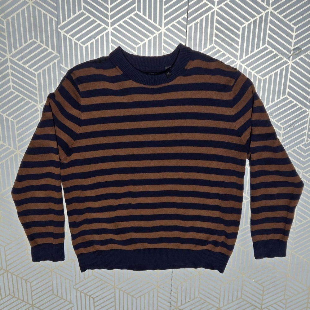 Dockers Navy Brown Striped LARGE Crew Neck Long Sleeve Pullover Sweater Top